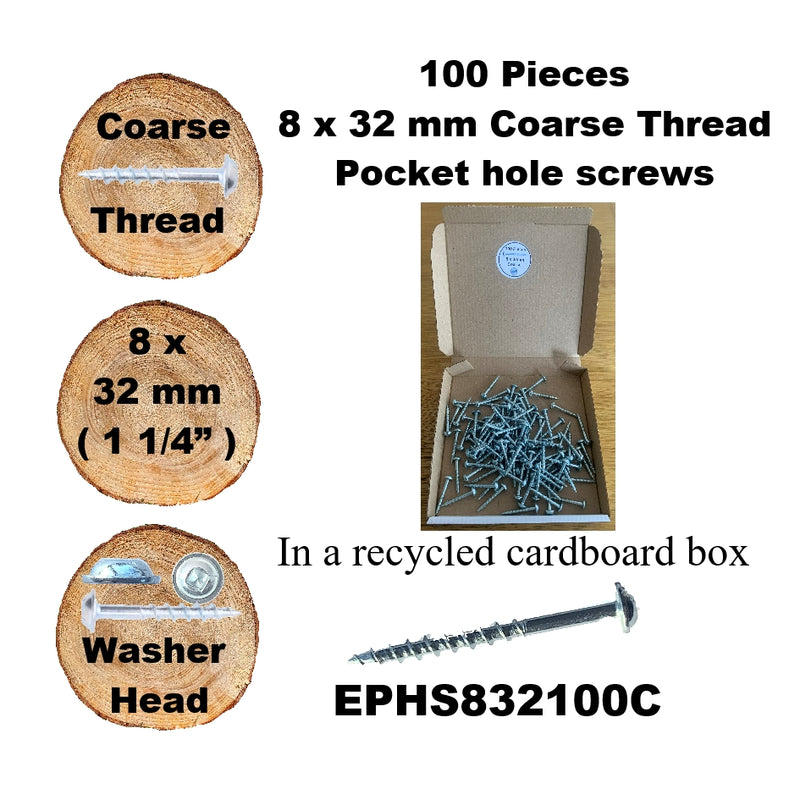 Pocket Hole Screws for Softwoods, 32mm Long, Pack of 100, Coarse Self-Cutting Threaded Square Drive, EPHS832100C, EPH Woodworking