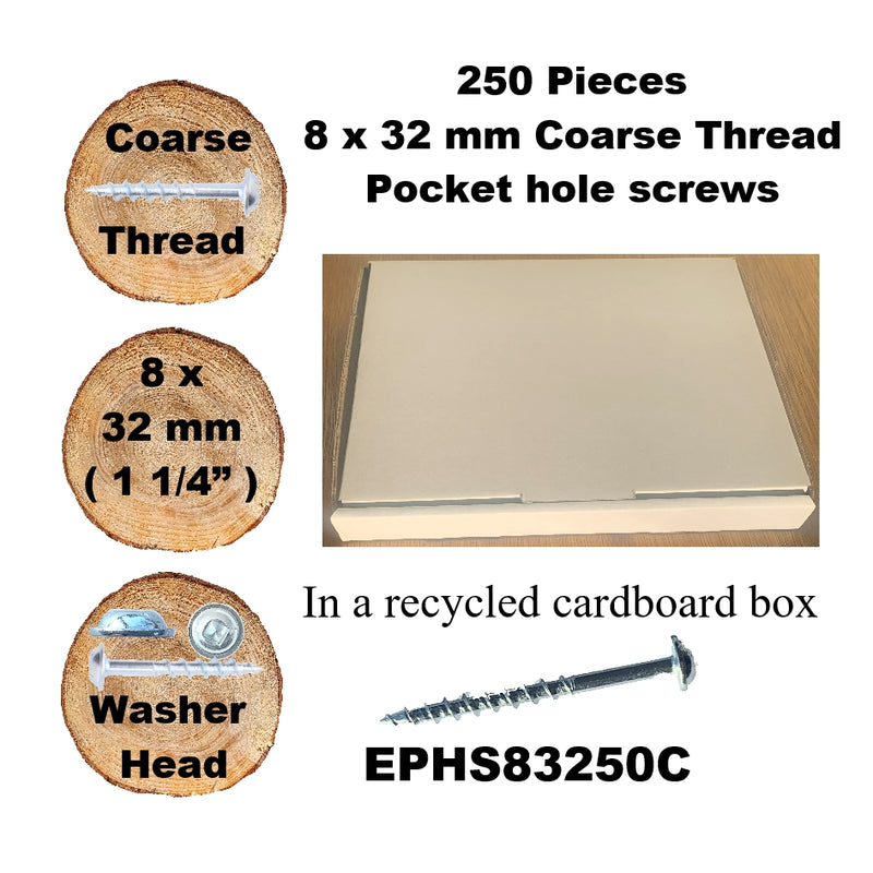 Pocket Hole Screws for Softwoods, 32mm Long, Pack of 250, Coarse Self-Cutting Threaded Square Drive, EPHS832250C, EPH Woodworking