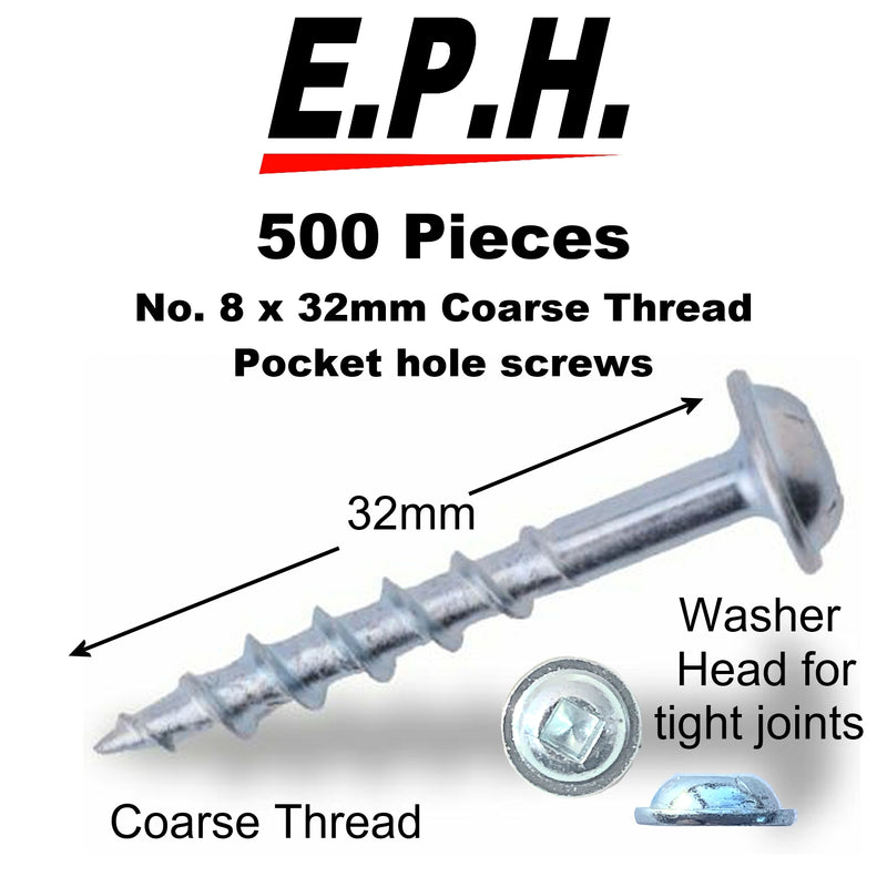 E.P.H. Pocket Hole Screws – No.8 x 32mm, Pack of 500 – Coarse Self-Cutting Thread, Square Drive – For Softwoods & Man-Made Boards – EPHS832500C
