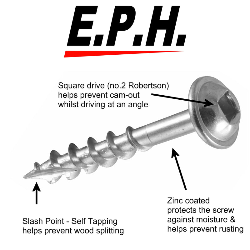 E.P.H. Pocket Hole Screws – No.8 x 32mm, Pack of 500 – Coarse Self-Cutting Thread, Square Drive – For Softwoods & Man-Made Boards – EPHS832500C