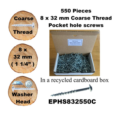 Pocket Hole Screws for Softwoods, 30mm Long, Pack of 550, Coarse Self-Cutting Threaded Square Drive, EPHS832500C, EPH Woodworking