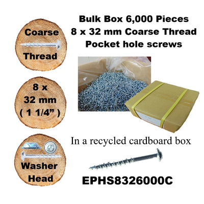 Pocket Hole Screws for Softwoods, 32mm Long, Pack of 6,000, Coarse Self-Cutting Threaded Square Drive, EPHS8326000C, EPH Woodworking