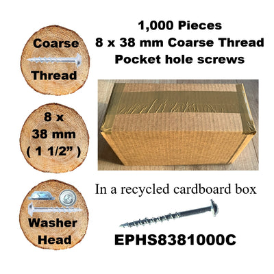 Pocket Hole Screws for Softwoods, 38mm Long, Pack of 1,000, Coarse Self-Cutting Threaded Square Drive, EPHS8381000C, EPH Woodworking