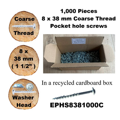 Pocket Hole Screws for Softwoods, 38mm Long, Pack of 1,000, Coarse Self-Cutting Threaded Square Drive, EPHS8381000C, EPH Woodworking