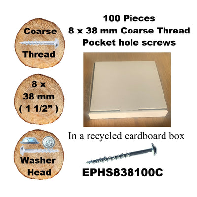 Pocket Hole Screws for Softwoods, 38mm Long, Pack of 100, Coarse Self-Cutting Threaded Square Drive, EPHS838100C, EPH Woodworking