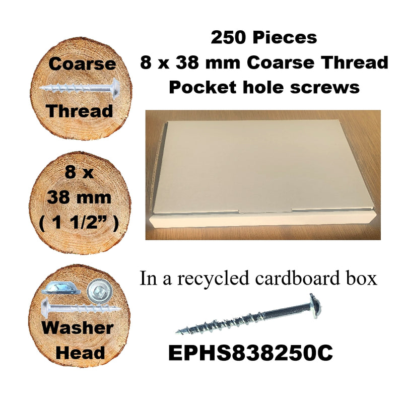 Pocket Hole Screws for Softwoods, 38mm Long, Pack of 250, Coarse Self-Cutting Threaded Square Drive, EPHS838250C, EPH Woodworking