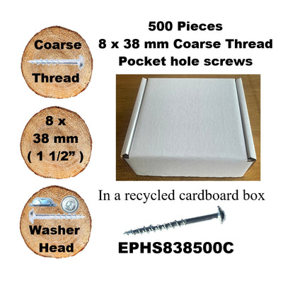Pocket Hole Screws for Softwoods, 38mm Long, Pack of 500, Coarse Self-Cutting Threaded Square Drive, EPHS838500C, EPH Woodworking