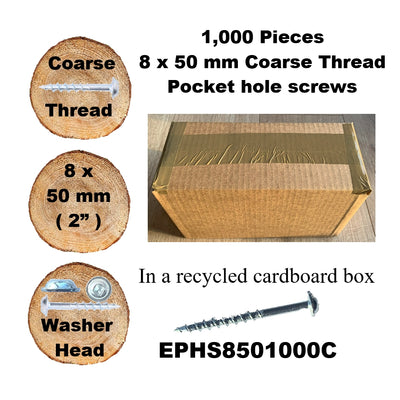 Pocket Hole Screws for Softwoods, 50mm Long, Pack of 1,000, Coarse Self-Cutting Threaded Square Drive, EPHS8501000C, EPH Woodworking