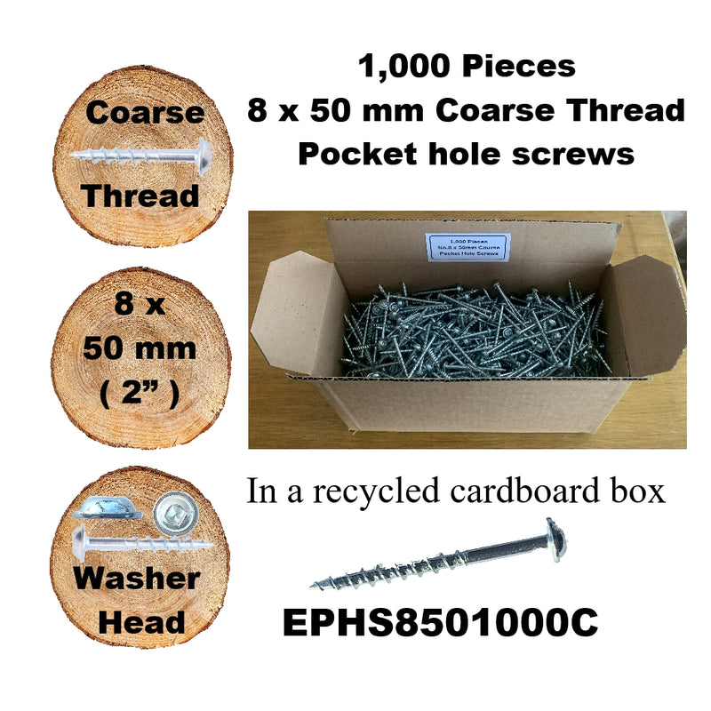 Pocket Hole Screws for Softwoods, 50mm Long, Pack of 1,000, Coarse Self-Cutting Threaded Square Drive, EPHS8501000C, EPH Woodworking