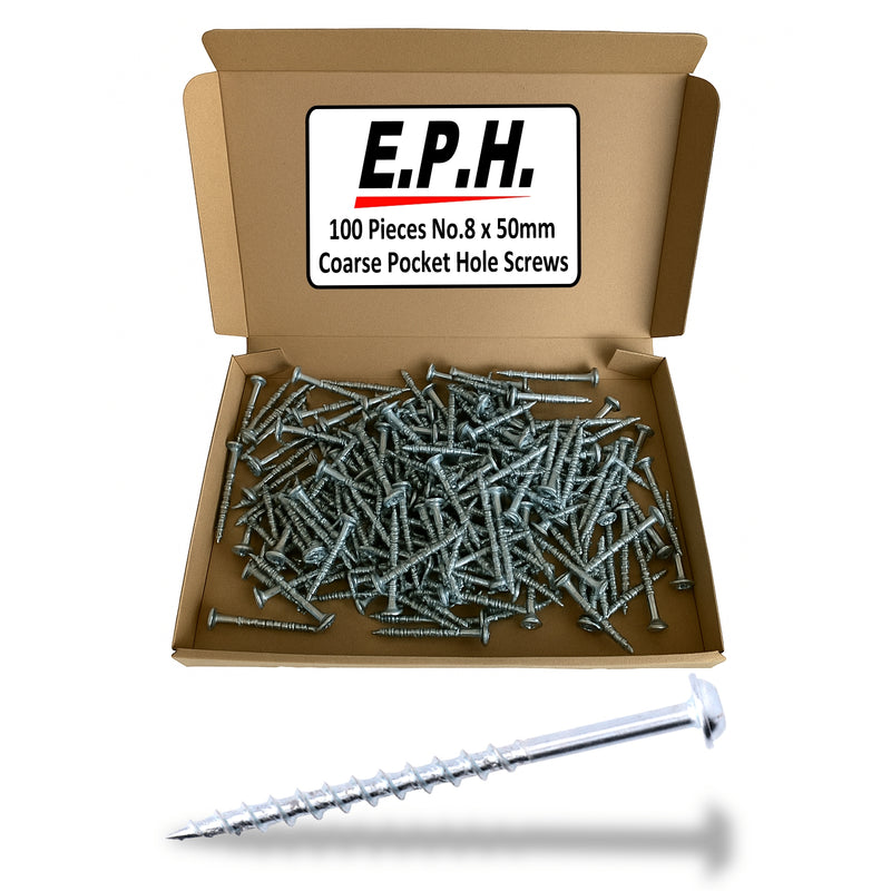 E.P.H. Pocket Hole Screws – No.8 x 50mm, Pack of 100 – Coarse Self-Cutting Thread, Square Drive – For Softwoods & Man-Made Boards – EPHS850100C