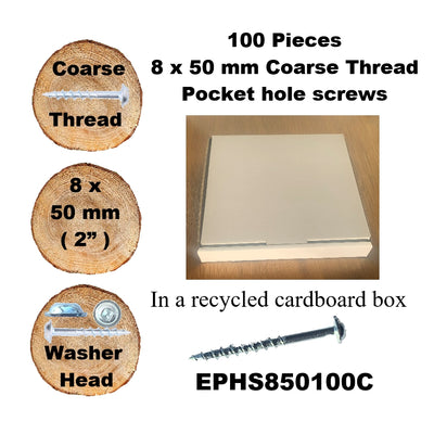 Pocket Hole Screws for Softwoods, 50mm Long, Pack of 100, Coarse Self-Cutting Threaded Square Drive, EPHS850100C, EPH Woodworking