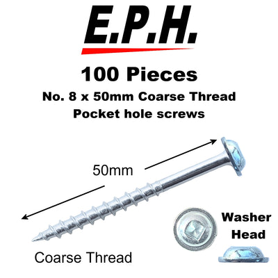 E.P.H. Pocket Hole Screws – No.8 x 50mm, Pack of 100 – Coarse Self-Cutting Thread, Square Drive – For Softwoods & Man-Made Boards – EPHS850100C