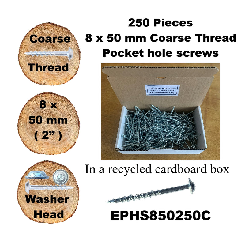 Pocket Hole Screws for Softwoods, 50mm Long, Pack of 250, Coarse Self-Cutting Threaded Square Drive, EPHS850250C, EPH Woodworking