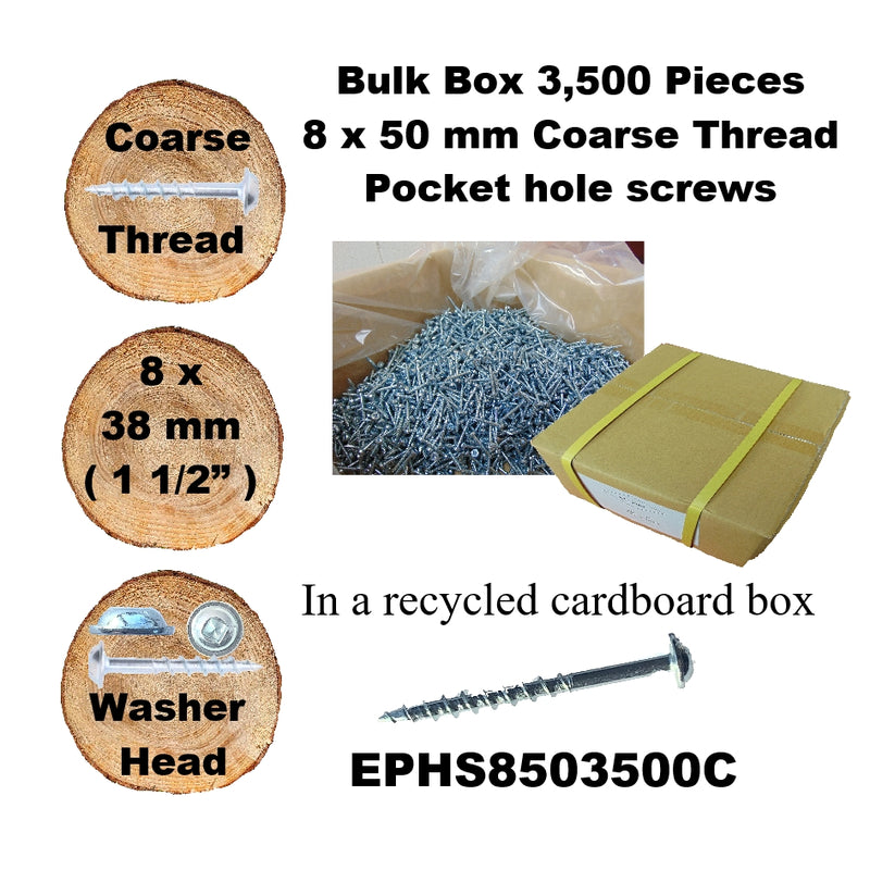 Pocket Hole Screws for Softwoods, 50mm Long, Pack of 3,500, Coarse Self-Cutting Threaded Square Drive, EPHS8503500C, EPH Woodworking