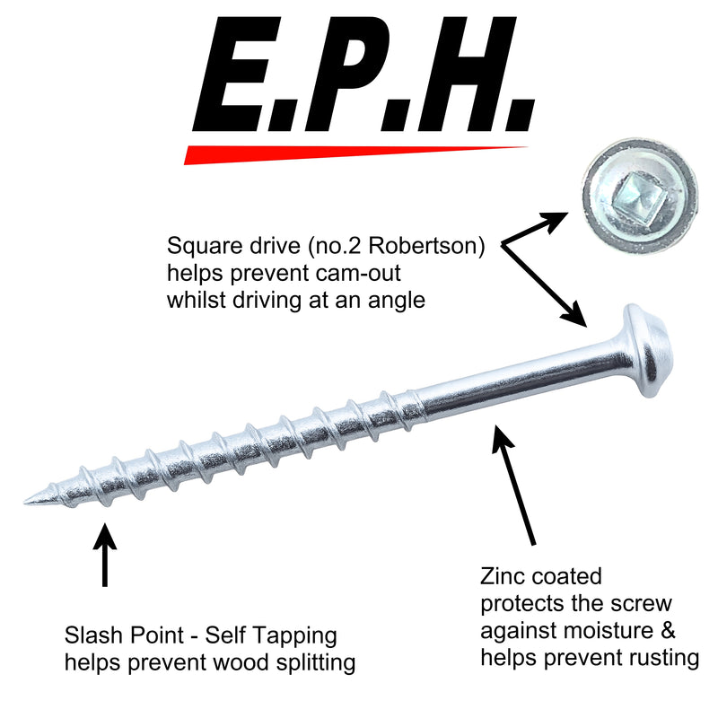 E.P.H. Pocket Hole Screws – No.8 x 50mm, Pack of 100 – Coarse Self-Cutting Thread, Square Drive – For Softwoods & Man-Made Boards – EPHS850100C