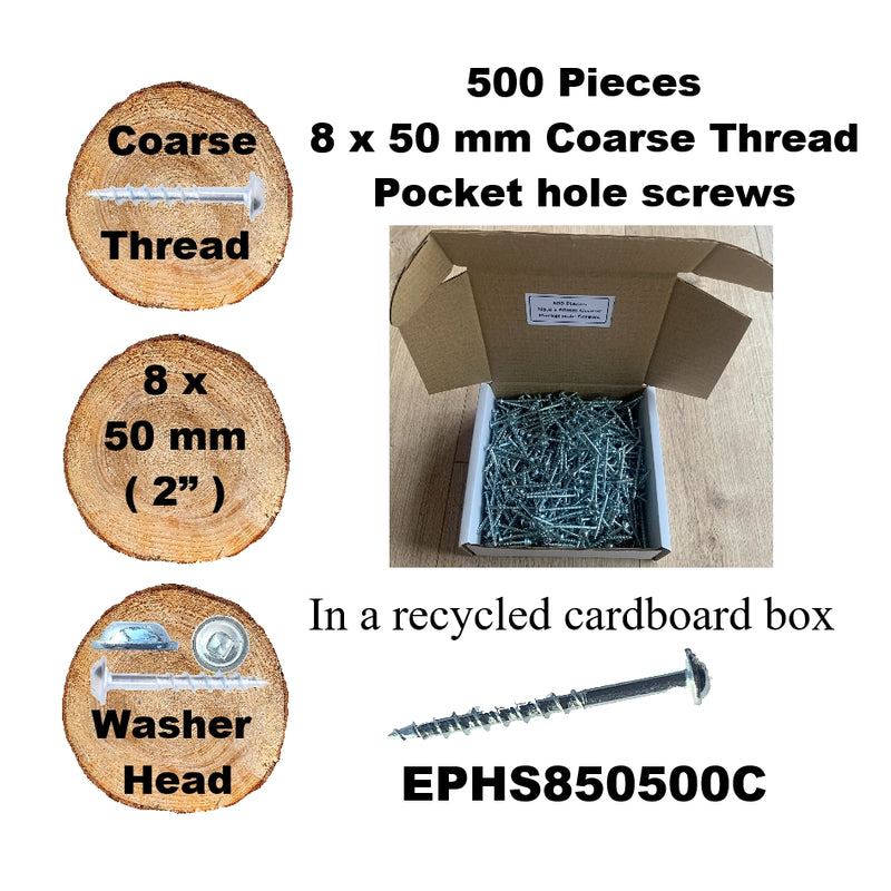 Pocket Hole Screws for Softwoods, 50mm Long, Pack of 500, Coarse Self-Cutting Threaded Square Drive, EPHS850500C, EPH Woodworking