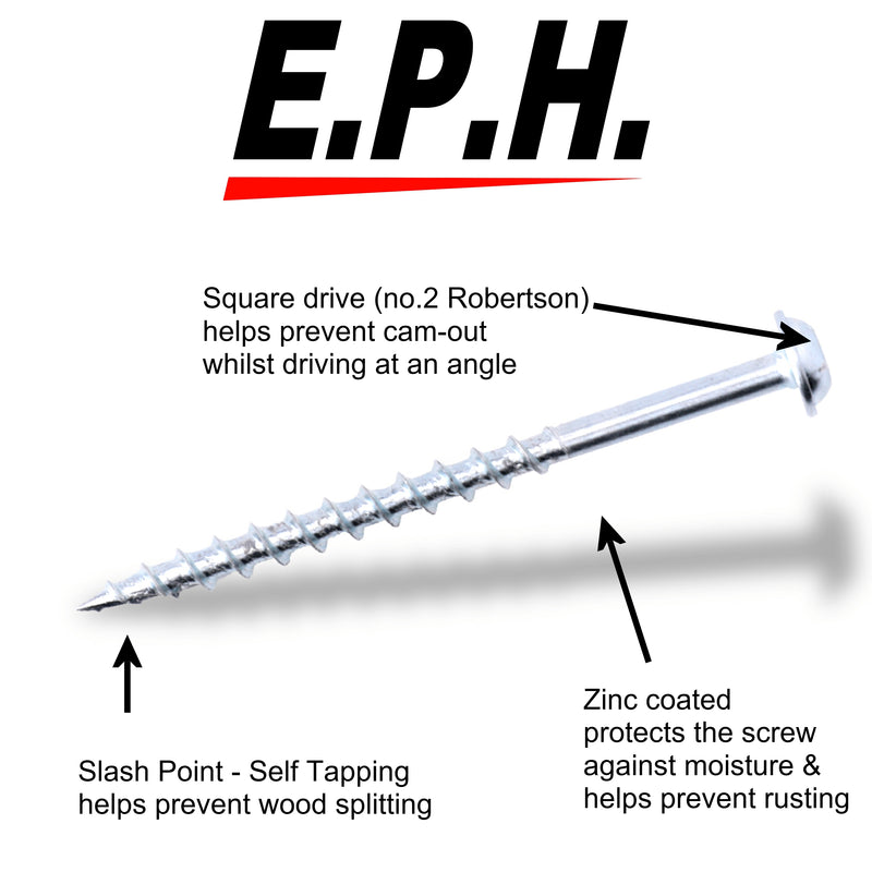 E.P.H. Pocket Hole Screws – No.8 x 63mm, Pack of 250 – Coarse Self-Cutting Thread, Square Drive – For Softwoods & Man-Made Boards – EPHS863250C