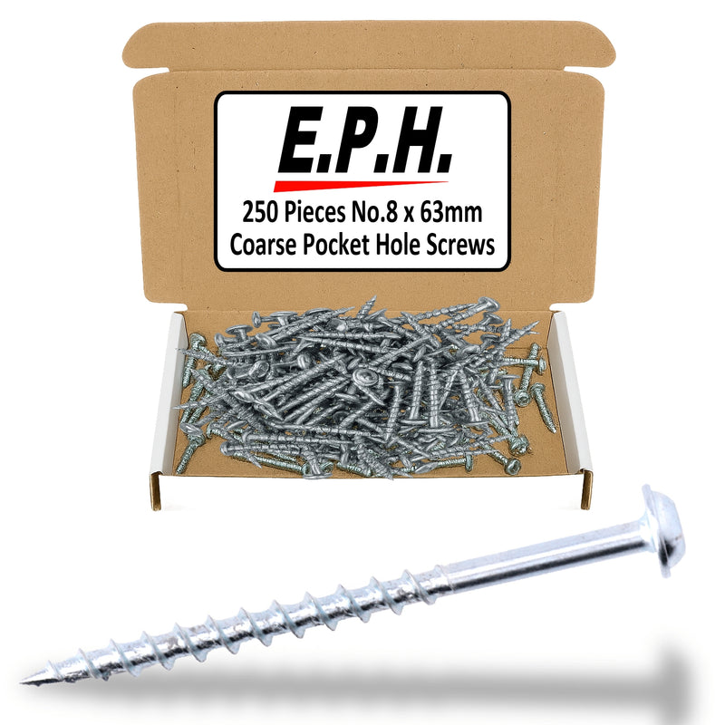 E.P.H. Pocket Hole Screws – No.8 x 63mm, Pack of 250 – Coarse Self-Cutting Thread, Square Drive – For Softwoods & Man-Made Boards – EPHS863250C