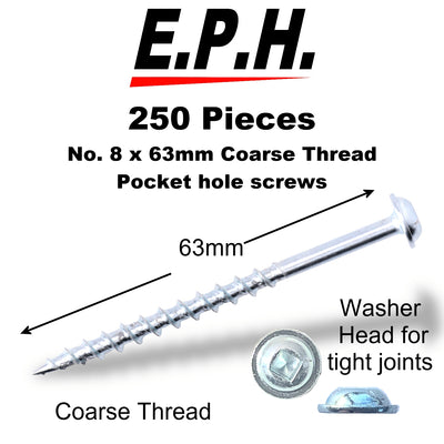 E.P.H. Pocket Hole Screws – No.8 x 63mm, Pack of 250 – Coarse Self-Cutting Thread, Square Drive – For Softwoods & Man-Made Boards – EPHS863250C