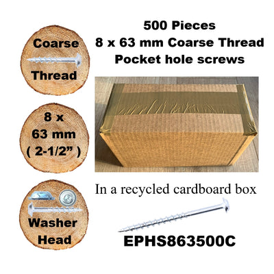 Pocket Hole Screws for Softwoods, 63mm Long, Pack of 500, Coarse Self-Cutting Threaded Square Drive, EPHS863500C, EPH Woodworking