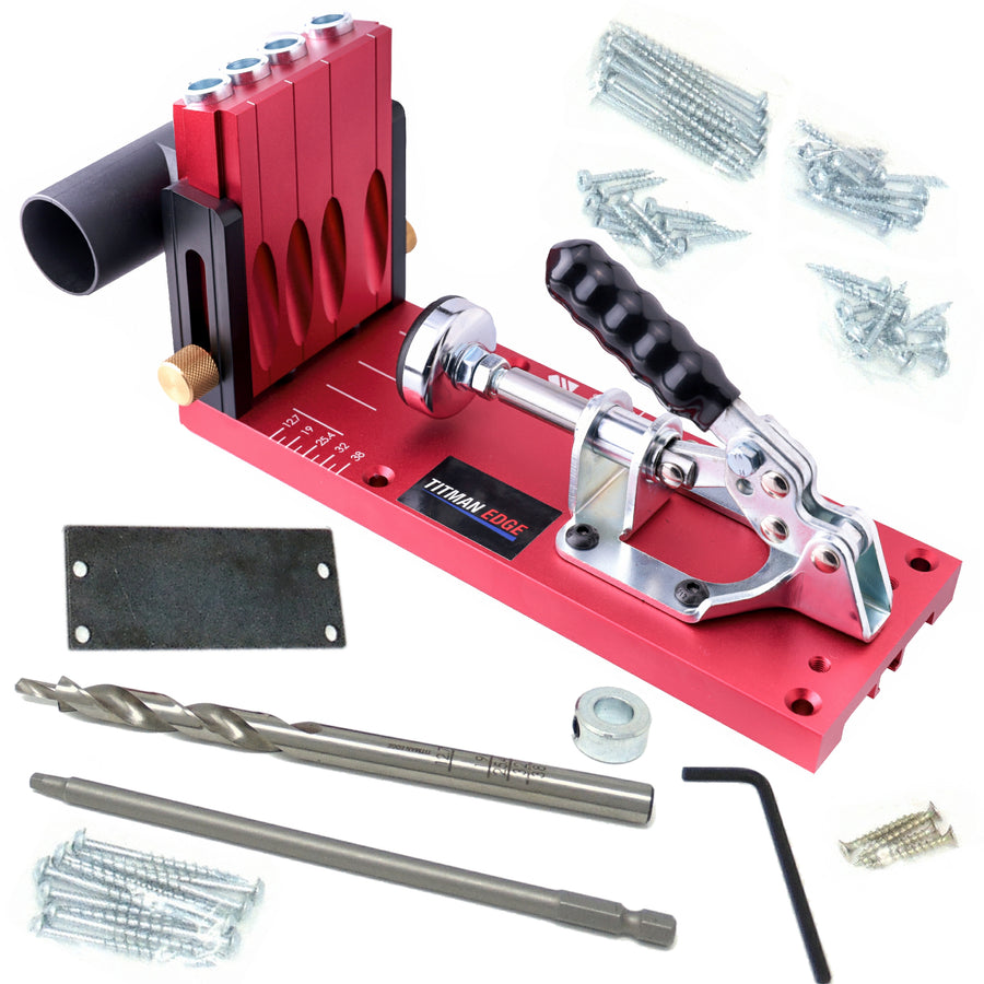 Titman Edge Professional Pocket Hole Jig Kit with 4 port turret HSS Drill Bit Depth Setting Collar 150mm Square Bit Drive 50 Pocket Hole Screws