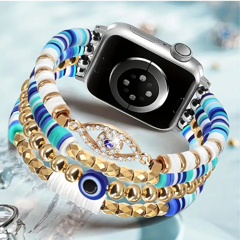 Fiona - Boho Chic Blue Devil’s Eye Bracelet Band – Handmade Polymer Clay & Crystal Elastic Strap for Apple Watch 38mm/40mm/41mm (Series 1–9 & SE)