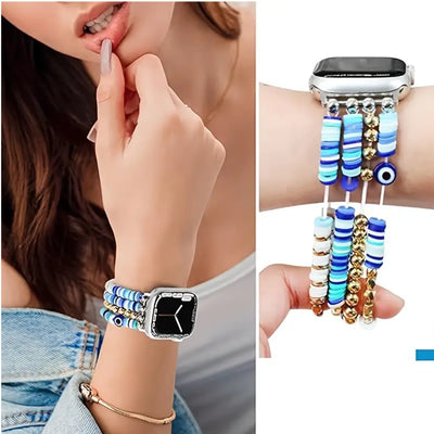 Fiona - Boho Chic Blue Devil’s Eye Bracelet Band – Handmade Polymer Clay & Crystal Elastic Strap for Apple Watch 38mm/40mm/41mm (Series 1–9 & SE)