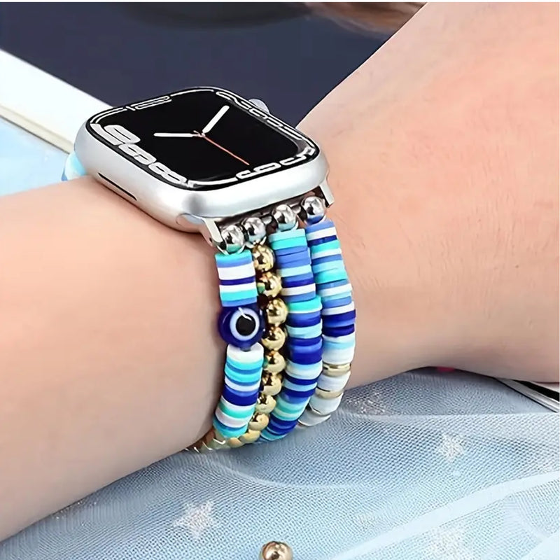 Fiona - Boho Chic Blue Devil’s Eye Bracelet Band – Handmade Polymer Clay & Crystal Elastic Strap for Apple Watch 38mm/40mm/41mm (Series 1–9 & SE)