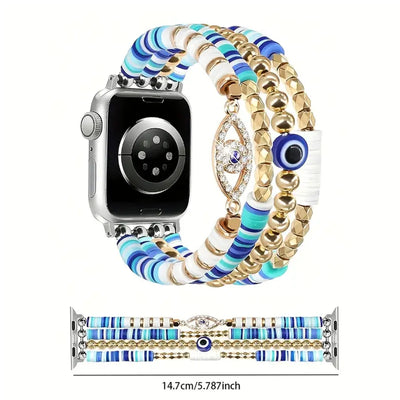 Fiona - Boho Chic Blue Devil’s Eye Bracelet Band – Handmade Polymer Clay & Crystal Elastic Strap for Apple Watch 38mm/40mm/41mm (Series 1–9 & SE)