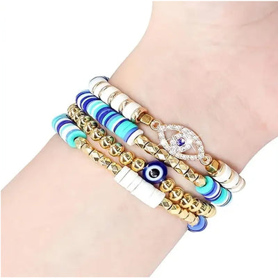 Fiona - Boho Chic Blue Devil’s Eye Bracelet Band – Handmade Polymer Clay & Crystal Elastic Strap for Apple Watch 38mm/40mm/41mm (Series 1–9 & SE)