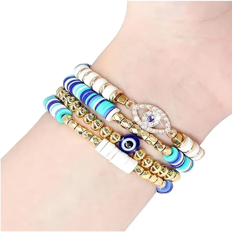 Fiona - Boho Chic Blue Devil’s Eye Bracelet Band – Handmade Polymer Clay & Crystal Elastic Strap for Apple Watch 38mm/40mm/41mm (Series 1–9 & SE)