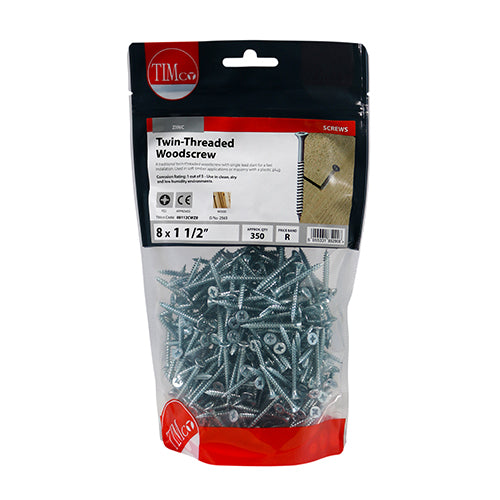 TIMco Twin-Threaded Countersunk Silver Woodscrews - 8 x 11/2 - 350 Pieces