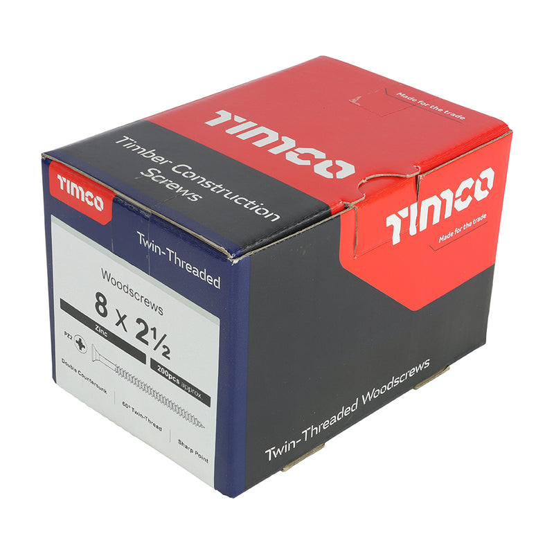 TIMco Twin-Threaded Countersunk Silver Woodscrews - 8 x 2 1/2 - 200 Pieces