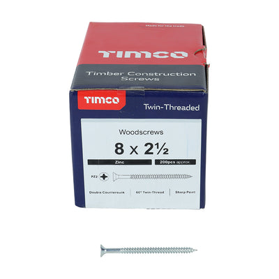 TIMco Twin-Threaded Countersunk Silver Woodscrews - 8 x 2 1/2 - 200 Pieces