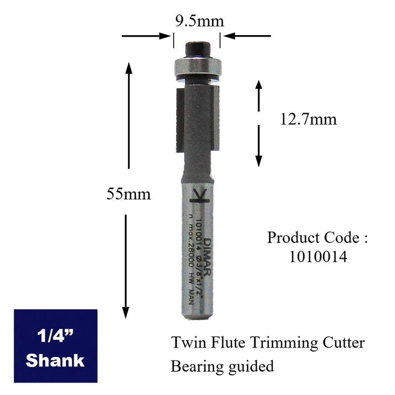 90º Bearing Guided Trimming Router Cutter - 9.5mm x 12.7mm - 1/4" Shank