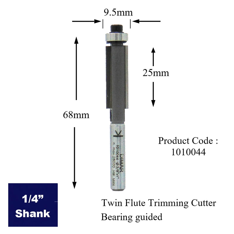 Trimming Router Cutter - 9.5mm Diameter x 25.4mm - 1/4" Shank