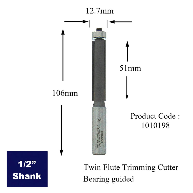 Bearing Guided Cutter - 12.7mm Diameter x 51mm Depth of Cut -1/2" Shank