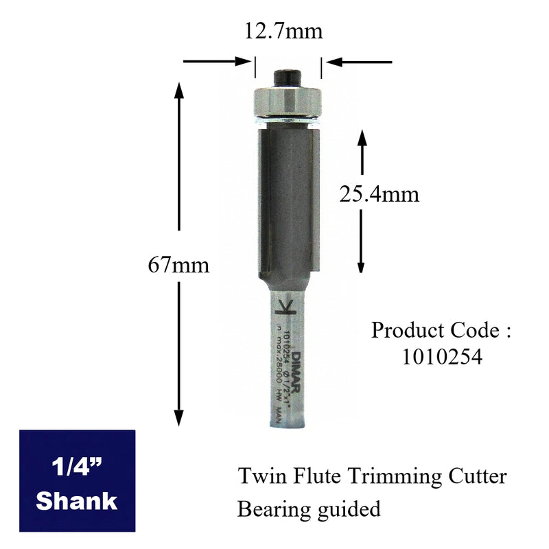 Bearing Guide Triple Flute Cutter - 12.7mm Diamter x 25.4mm Cutting Depth - 1/4" Shank