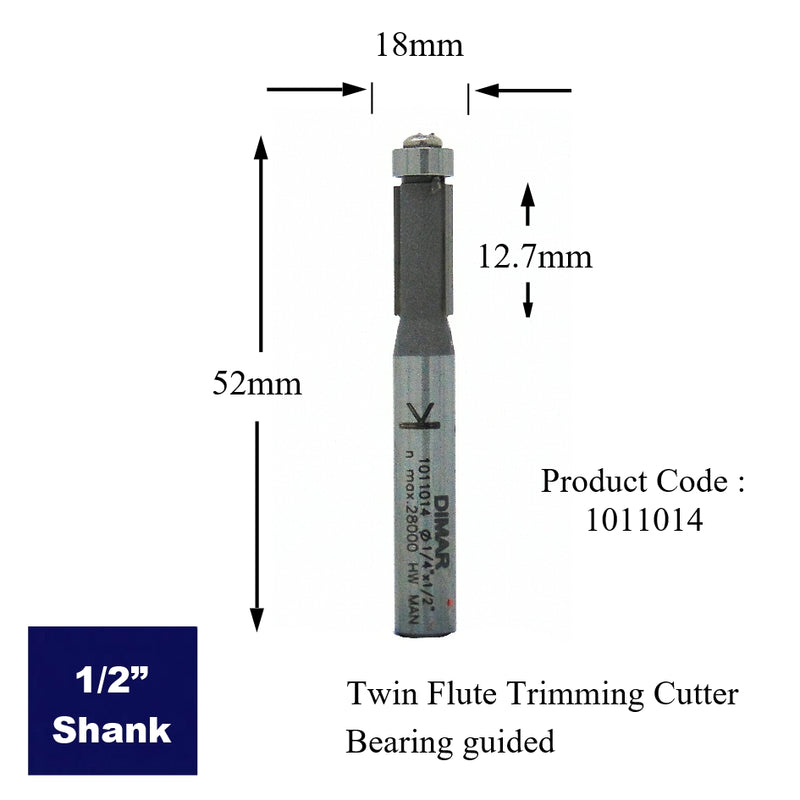 Bearing Guided Mini Trimming Cutter - 6.35mm Diameter x 12.7mm Depth of Cut - 1/4" Shank