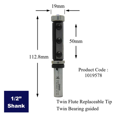 19mm 1/2" Shank Double Bearing Guide Cutter with Replace Blades