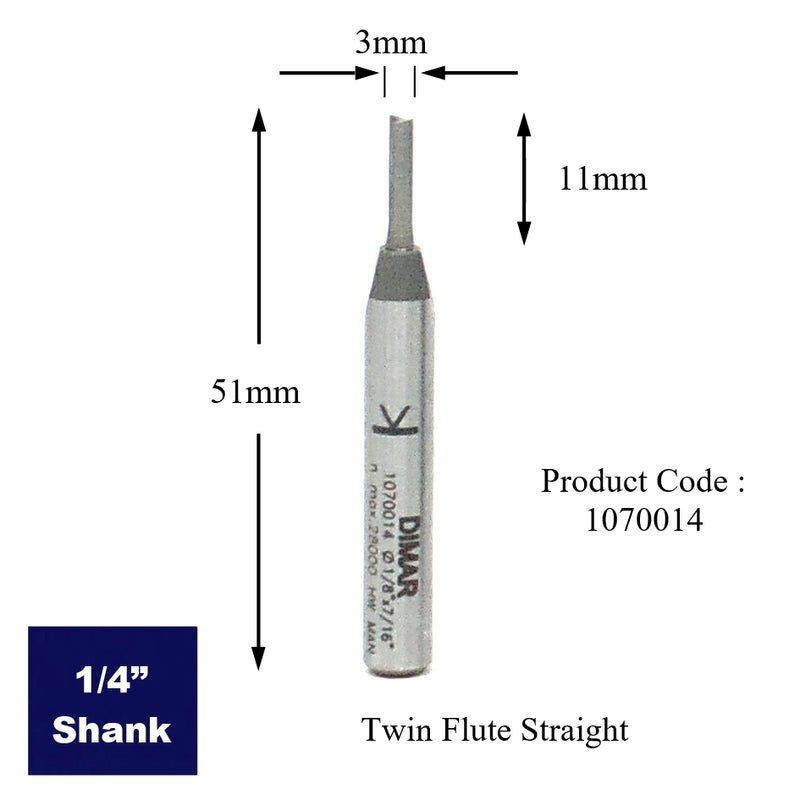 1/4" Shank Two flute cutter - 3mm diameter