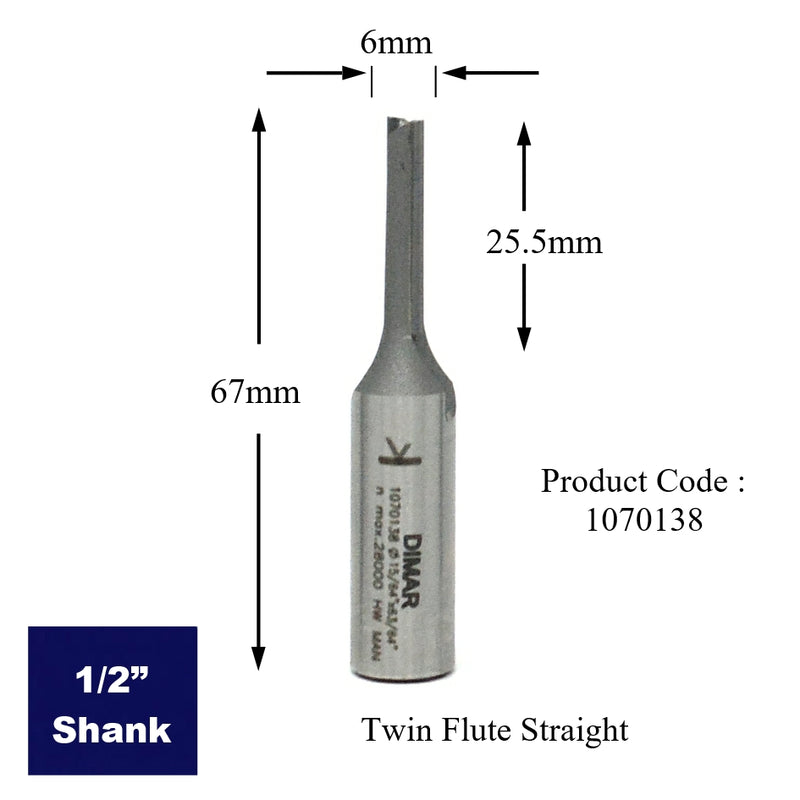 Straight Two Flute Cutter - 6mm Diameter x 25mm Depth of Cut - 1/4" Shank