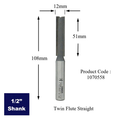Straight Two Flute Cutter - 12mm Diameter x 50mm Depth of Cut - 1/2" Shank
