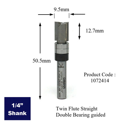 Double Bearing Guided Profile Two Flute Cutter - 12.7mm Diameter x 25.4mm Depth of Cut - 1/4" Shank