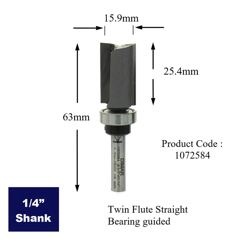 1/4" Shank Bearing Guided Straight Cutter -  16mm Diameter x 25mm Depth of Cut