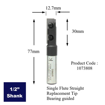 Straight Replaceable Tip Single Flute Cutter - 12.7mm Diameter x 30mm Cutting Depth - 1/2" Shank