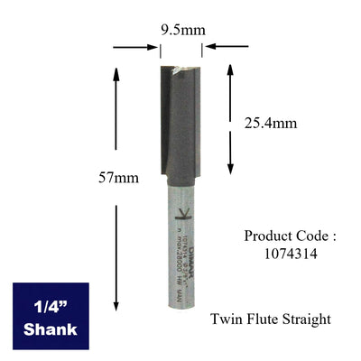 1/4" Shank Straight Two Flute Cutter - 9.5mm Diameter x 25mm Depth of Cut