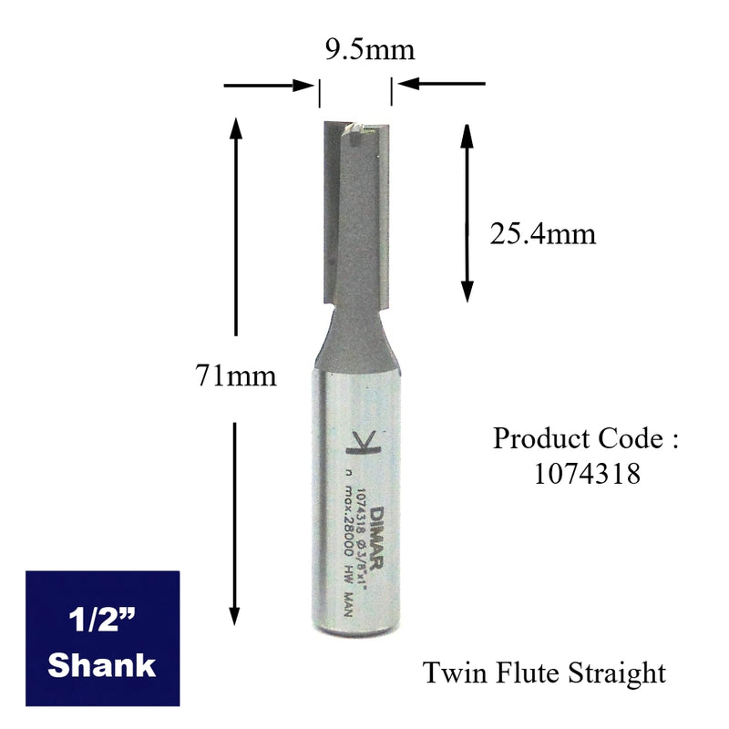 Straight Two Flute Cutter - 9.5mm Diameter X 25mm Cutting Depth - 1/2" Shank