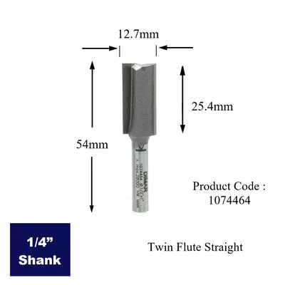 Straight Two Flute Cutter - 12.7mm Diameter x 25mm Depth of Cut - 1/4" Shank