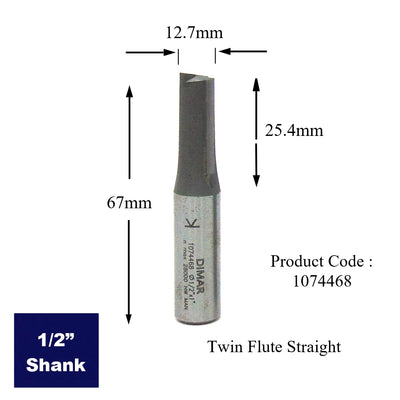 Straight Two Flute Cutter - 12.7mm Diameter x 25mm Depth of Cut - 1/2" Shank